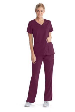 Grey's Anatomy Classic Cora Top - 4 Pocket V-Neck Scrub Top in Wine