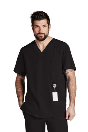 Barco One Amplify Top - 5 Pocket Men's V-Neck Scrub Top in Black