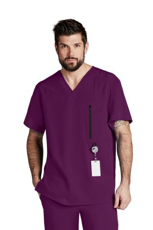 Barco One Amplify Top - 5 Pocket Men's V-Neck Scrub Top in Wine