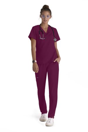Grey's Anatomy Spandex Stretch Bree Top - V-Neck Scrub Top in Wine