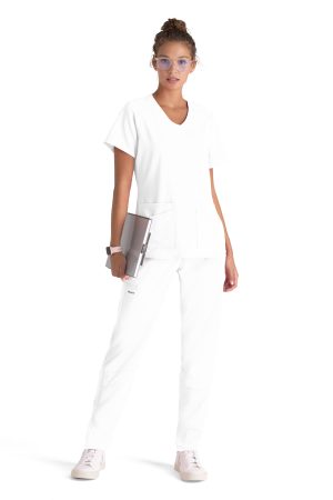 Grey's Anatomy Spandex Stretch Emma Top - 4 Pocket Scrub Top in White