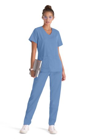 Grey's Anatomy Spandex Stretch Emma Top - 4 Pocket Scrub Top in Ciel Blue