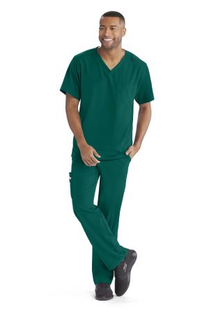 Men's V-Neck Cargo Pocket Scrub Top in Hunter Green