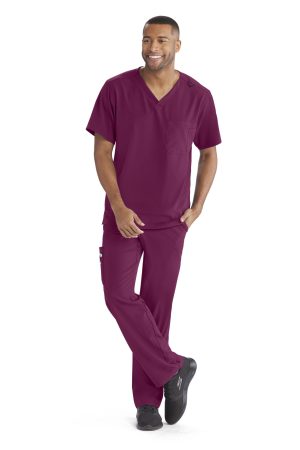 Men's V-Neck Cargo Pocket Scrub Top in Wine