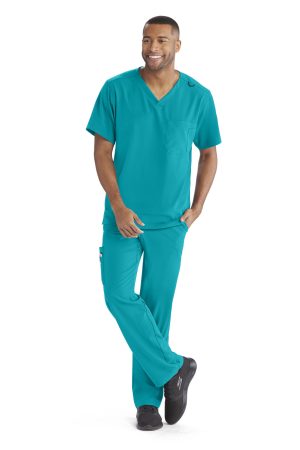 Men's V-Neck Cargo Pocket Scrub Top in Teal