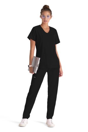 Grey's Anatomy Spandex Stretch Emma Top - 4 Pocket Scrub Top in Black