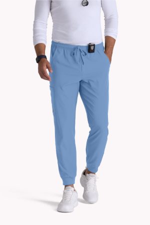 Men's Jogger Scrub Pant with Drawstring Elastic Waistband and Cargo Pocket in Ciel Blue