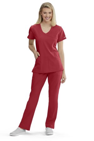 Women's Mock-Wrap V-Neck Scrub Top in True Red