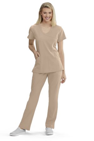 Women's Mock-Wrap V-Neck Scrub Top in New Khaki