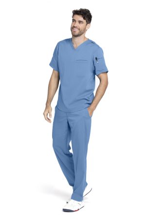 Grey's Anatomy Spandex Stretch Wesley Top - 3 Pocket Men's Scrub Top in Ciel Blue