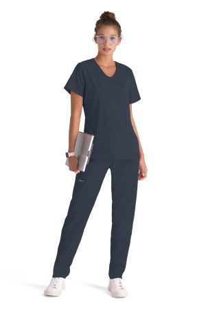 Grey's Anatomy Spandex Stretch Emma Top - 4 Pocket Scrub Top in Steel