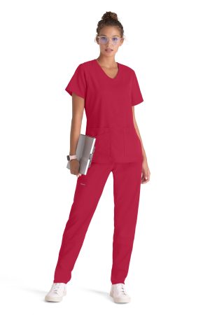 Grey's Anatomy Spandex Stretch Emma Top - 4 Pocket Scrub Top in Scarlet Red