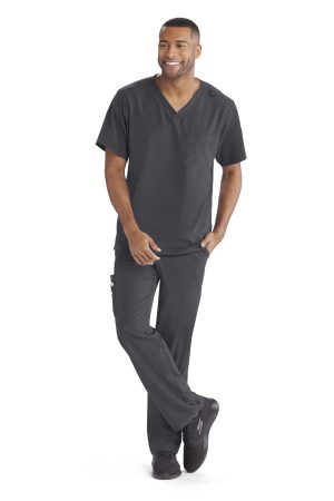 Men's V-Neck Cargo Pocket Scrub Top in Pewter