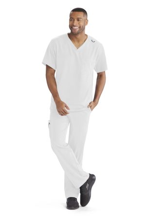 Men's V-Neck Cargo Pocket Scrub Top in White