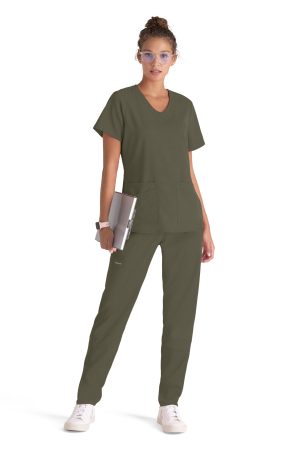 Grey's Anatomy Spandex Stretch Emma Top - 4 Pocket Scrub Top in Olive