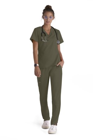Grey's Anatomy Spandex Stretch Bree Top - V-Neck Scrub Top in Olive