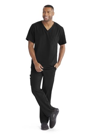 Men's V-Neck Cargo Pocket Scrub Top in Black