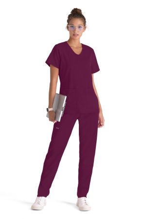 Grey's Anatomy Spandex Stretch Emma Top - 4 Pocket Scrub Top in Wine