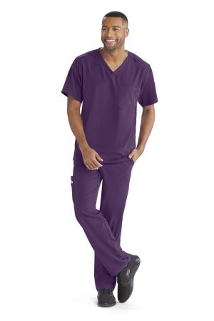 Men's V-Neck Cargo Pocket Scrub Top in Eggplant