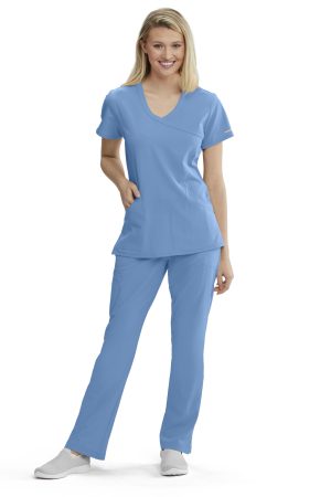 Women's Mock-Wrap V-Neck Scrub Top in Ciel Blue