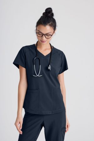 Grey's Anatomy Evolve 2 Pocket Piped V-Neck Top in Grey