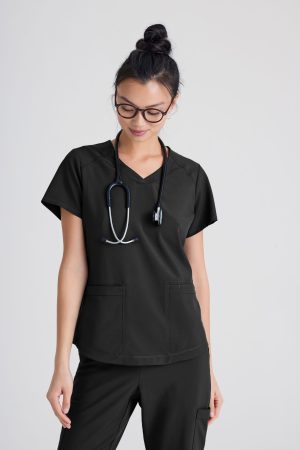 Grey's Anatomy Evolve 2 Pocket Piped V-Neck Top in Black