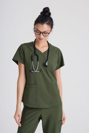 Grey's Anatomy Evolve 2 Pocket Piped V-Neck Top in Green